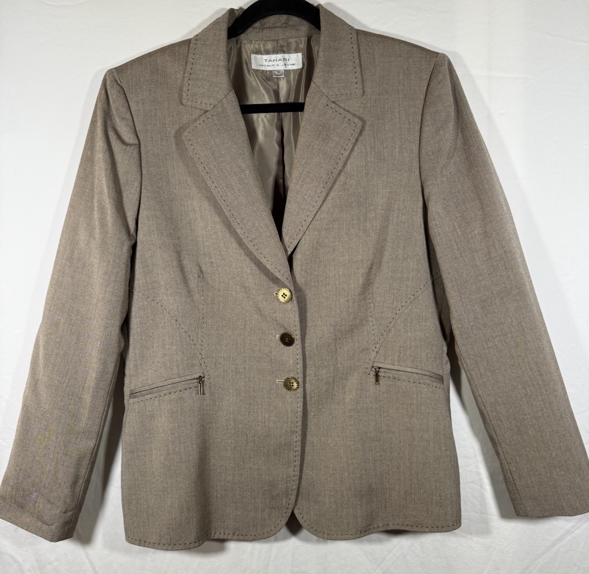 Tahari 3 Button Zipper Pocket Exposed Stitching Buckle Back Beige Blazer Sz 14