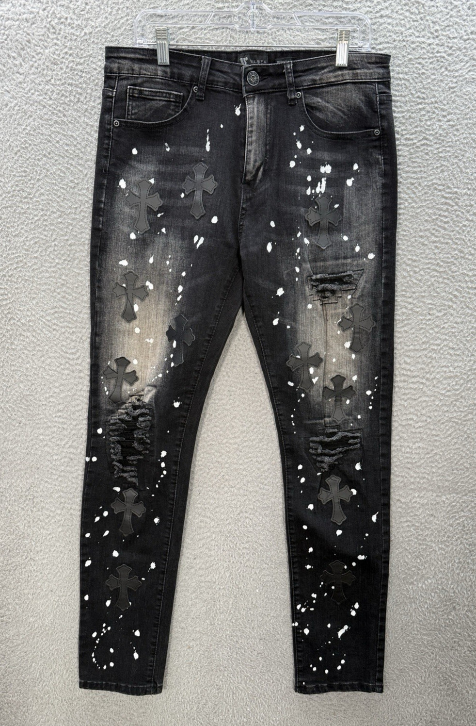 Waimea Jeans Mens 32×32 Black Skinny Fit Distressed Paint Splatter Rocker Goth