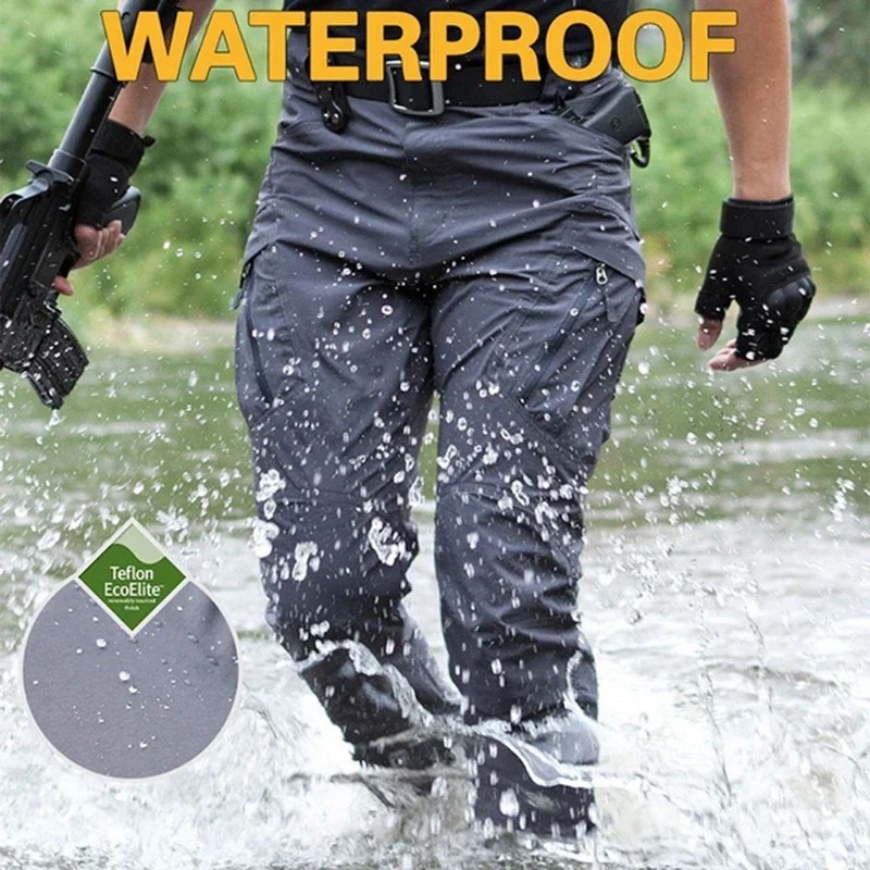 Waterproof, wear-resistant polyester cargo pants — zipper fly, midweight, travel