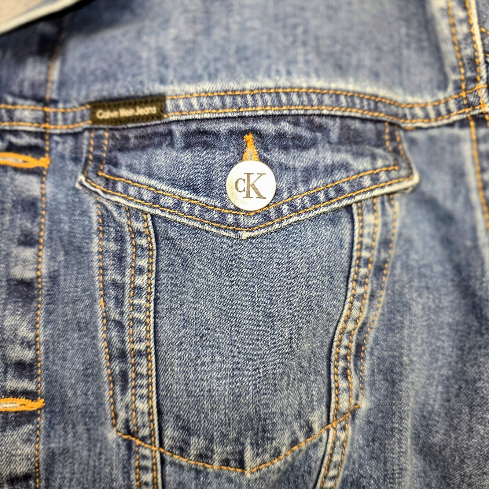 Calvin Klein Jeans Blue Denim Jacket Unisex XL Button Front Point Collar Pockets