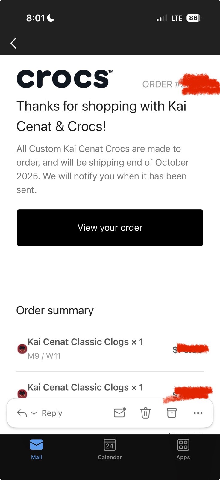 UNRELEASED KAI CENAT LIMITED EDITION CROCS Size 9M/W11 CONFIRMED ORDER PRE-SALE