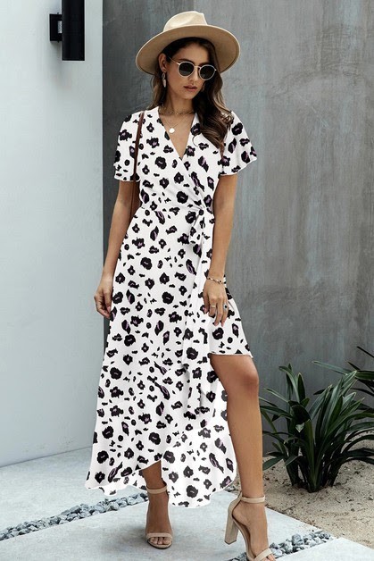 White all over black and white wrap dress