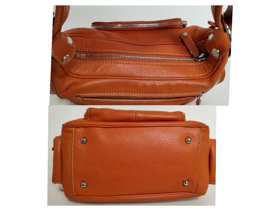 TOD’S Y2K Shoulder Bag Orange Pebble Leather Multi Pocket Logo Charm Auth