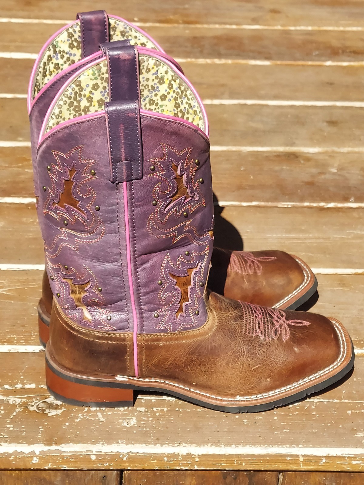 Laredo Boots Womens 8 M Leather Brown Purple Pink Square Toe Studded Western