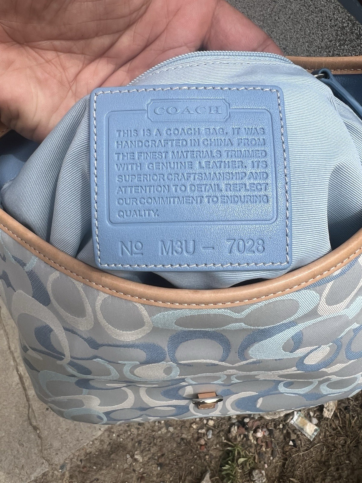 Coach Signature Logo Jacquard Shoulder Bag Blue/White Tan, Lined, Tag