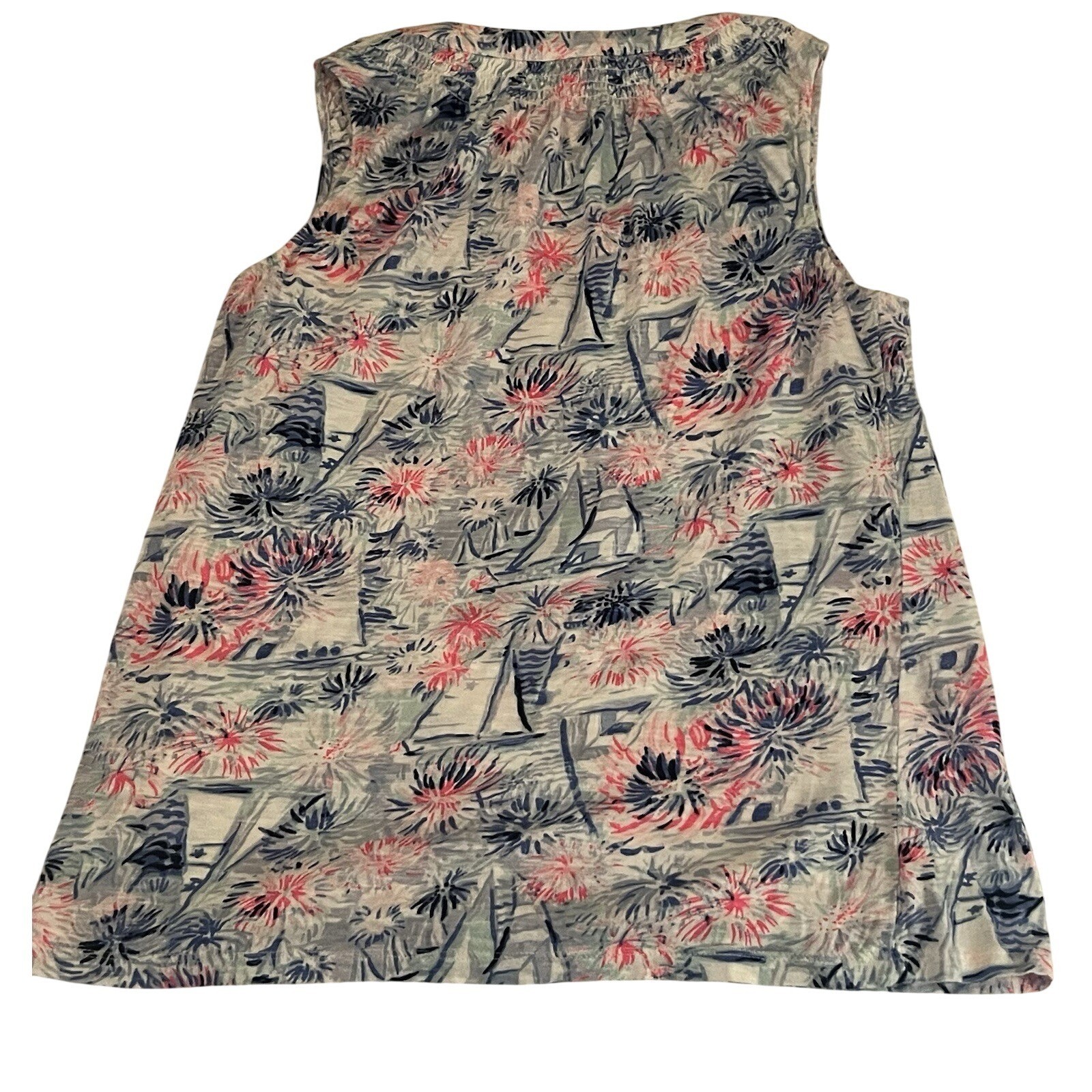 Lilly Pulitzer Sailboat Floral Henley Tank Top Pink Blue XS Sleeveless Smocked