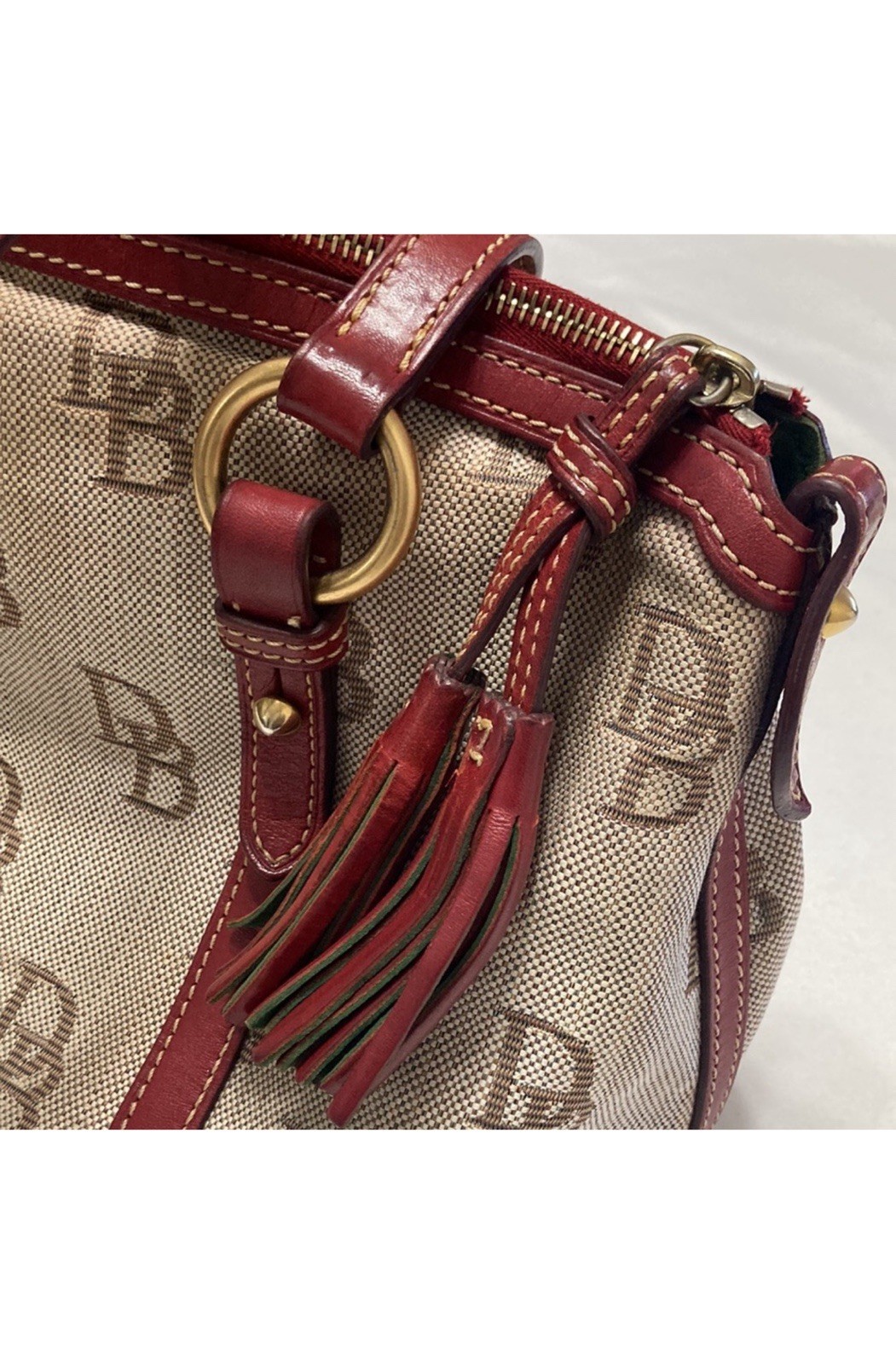 Dooney & Bourke Monogram Satchel Top Handle Zip Tassel Red Lined Gold