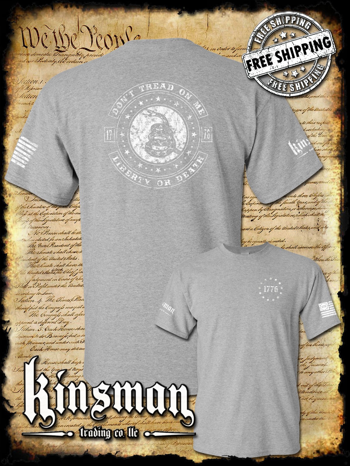 Don’t Tread On Me LIBERTY or DEATH Rattlesnake 2-Sided T-Shirt 2nd Amendment USA