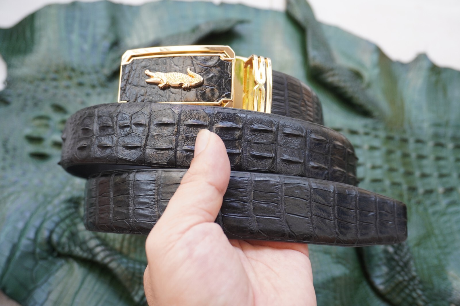 W1.3 inch Black Genuine Crocodile Hornback Leather Skin Men’s Belt Buckle #G53