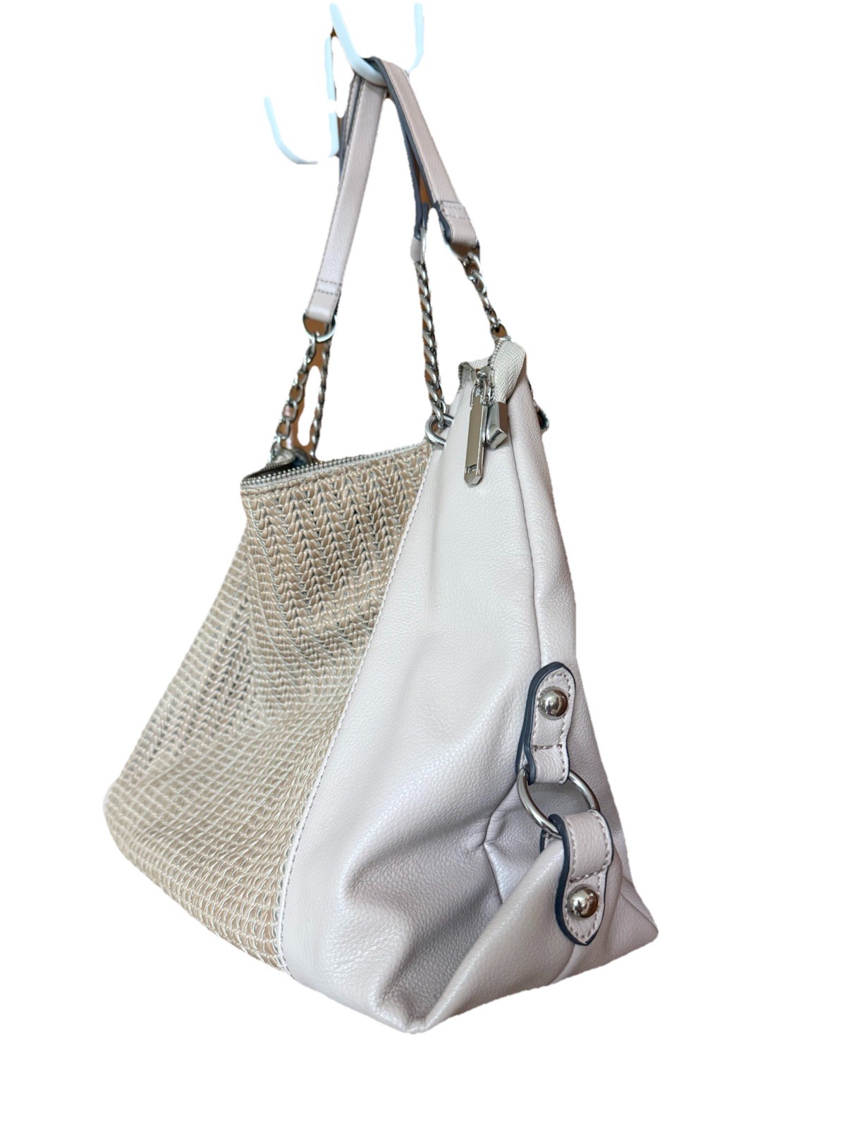 Enzo Angiolini Beige Shoulder Bag Woven Accent Tote Purse Chain Strap Large