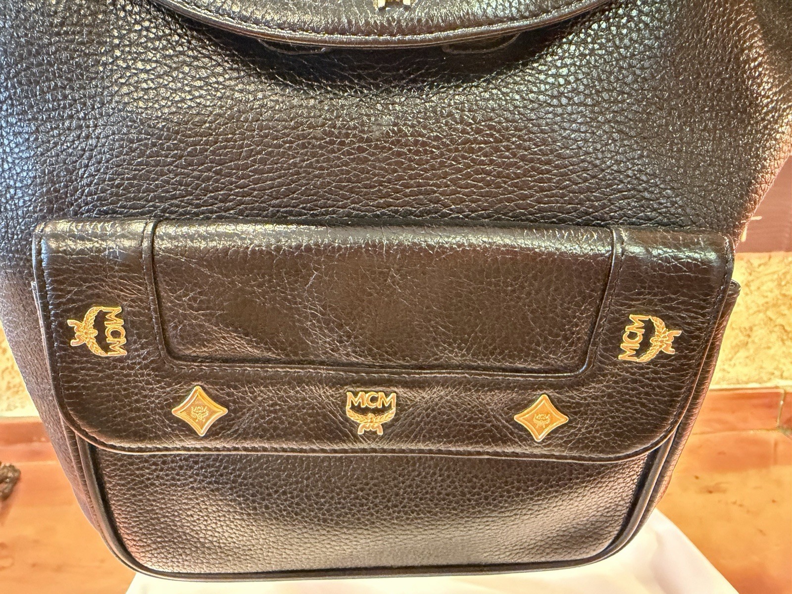 MCM Black Drawstring Backpack, Magnetic Closure, Gold Hardware, Dust Bag