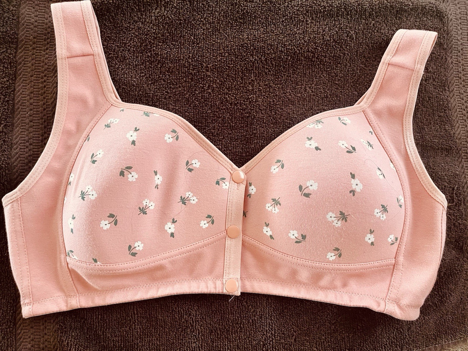 Wireless Front Snap Bralette Bra Pink Floral Wide Strap Knit Cotton Blend XL
