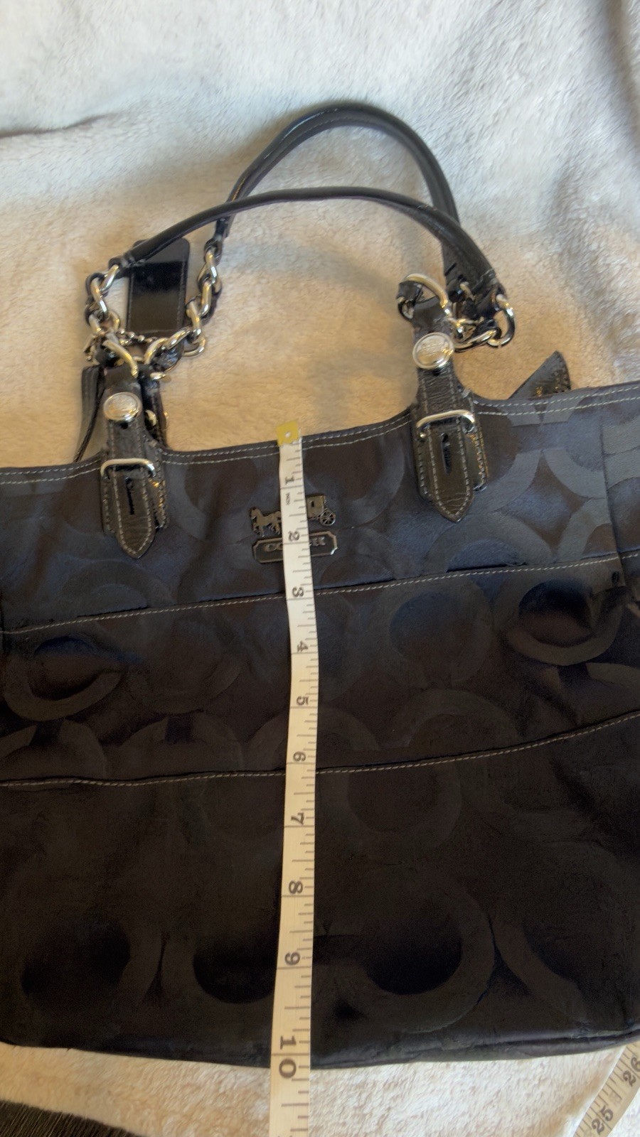 Coach Madison Signature Logo Tote Bag Black Zip Closure Silver Chain Straps