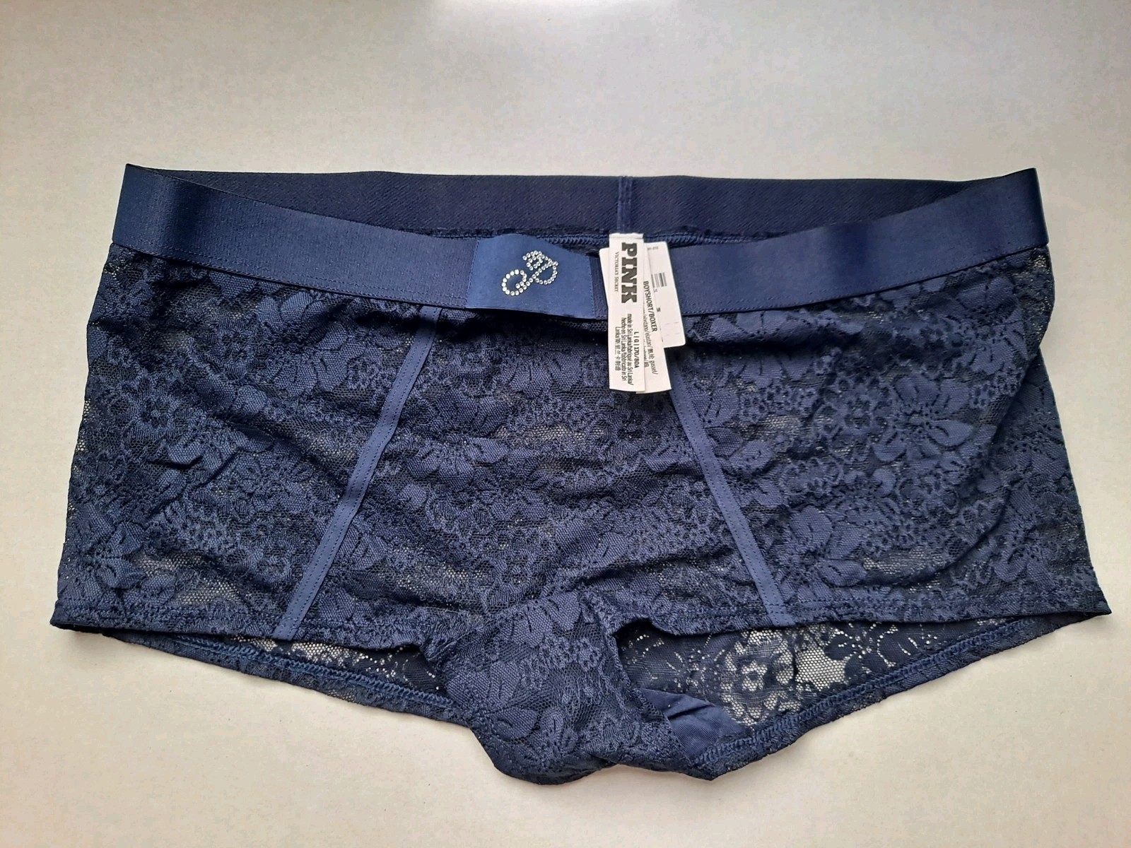 Victoria’s Secret Pink Boyshort Panty L New Lace Underwear thick waistband BLUE