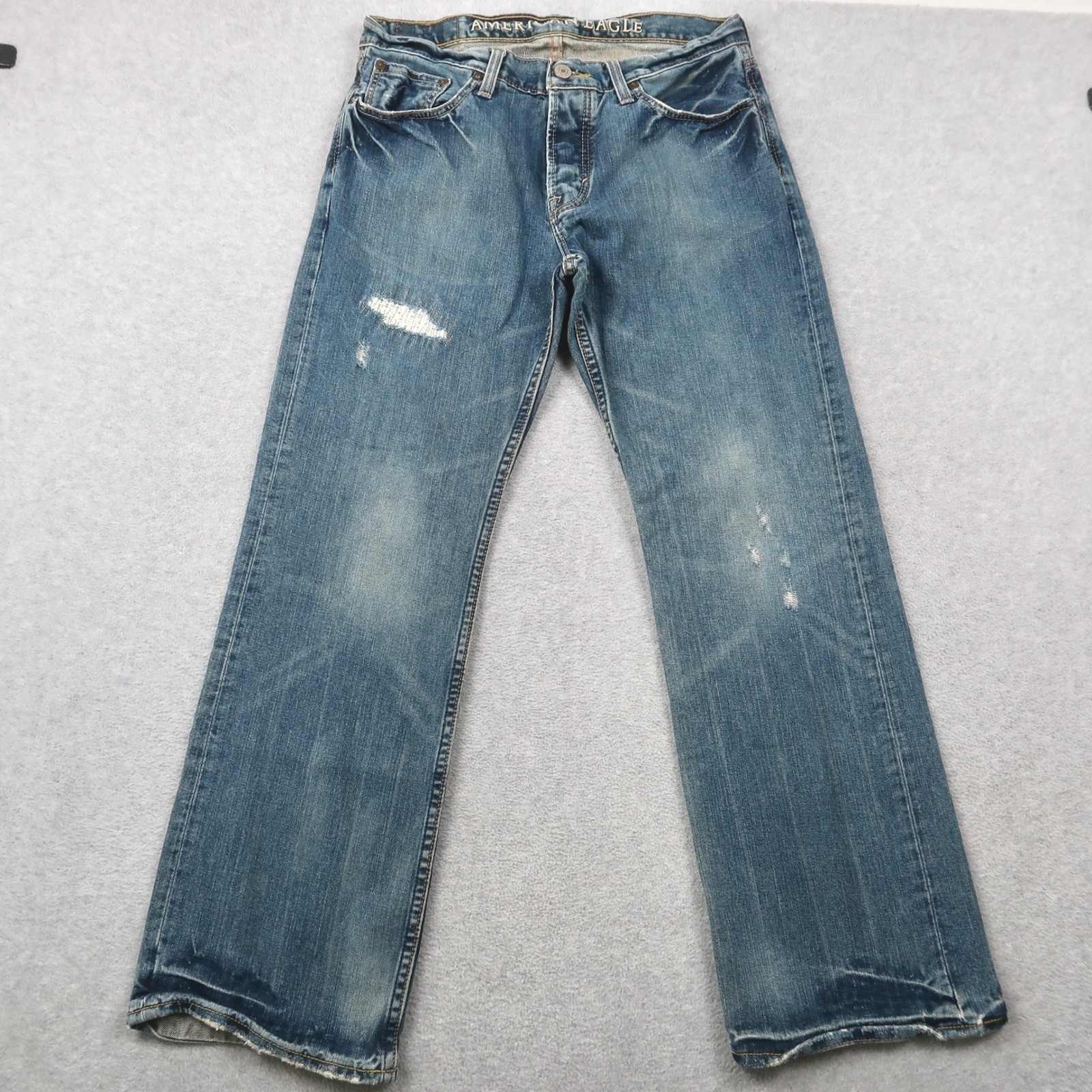 Vintage American Eagle Mens Low Rise Bootcut Jeans Blue Distressed Denim 31×30