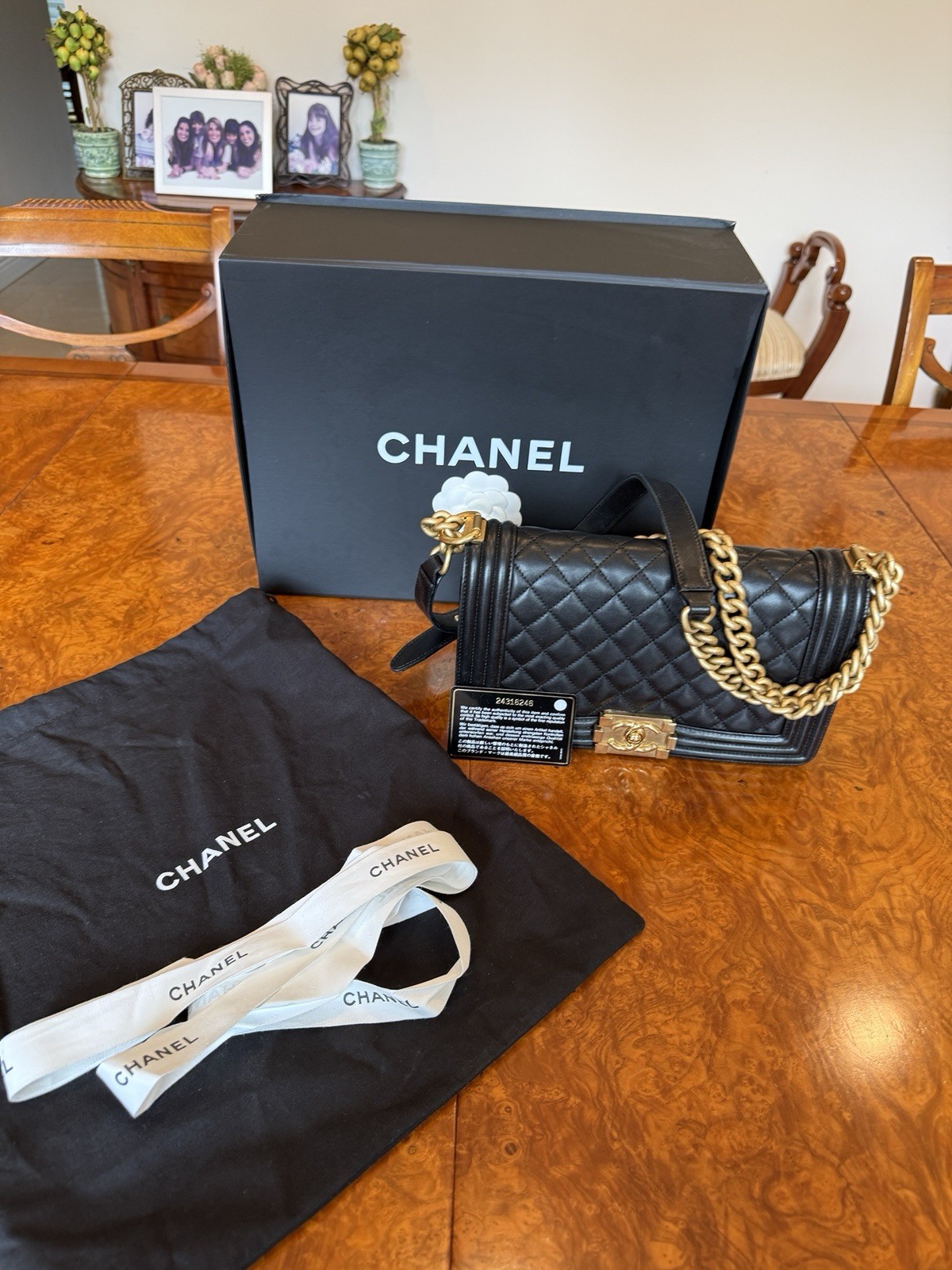 Authentic CHANEL Boy Bag Gold HW Medium Black Calfskin. Auth Card.