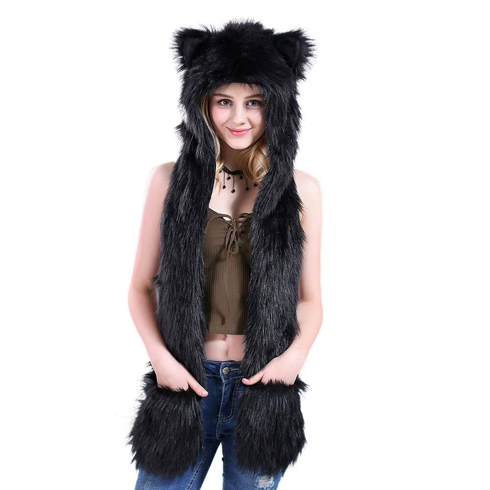 Faux Fur Hat Hood Scarf Full Pockets Ear Flat Cap Hoodie Winter Party Costume