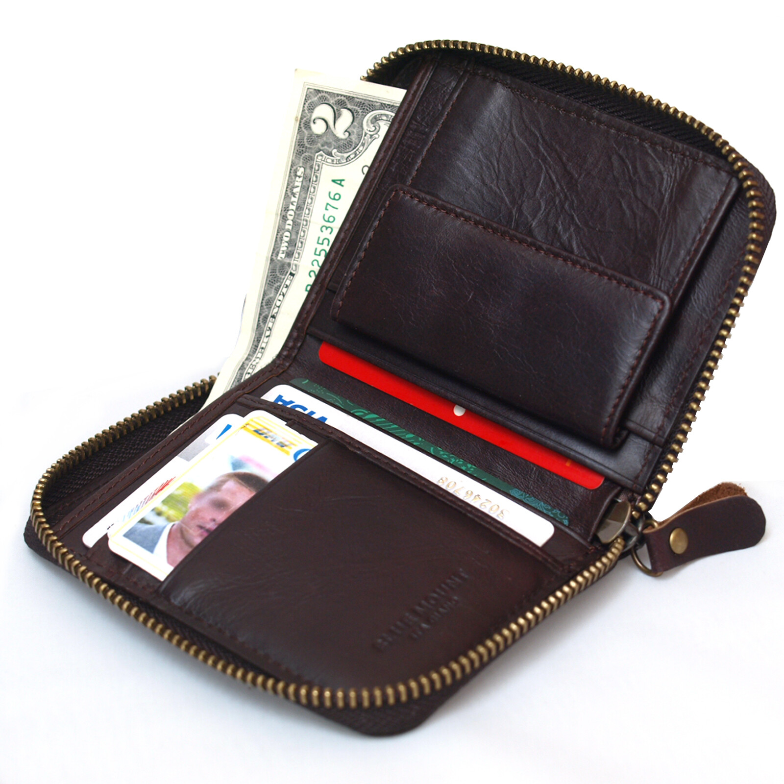 Men’s Zip Around Leather Wallets Coin Purse Credit Card Wallet