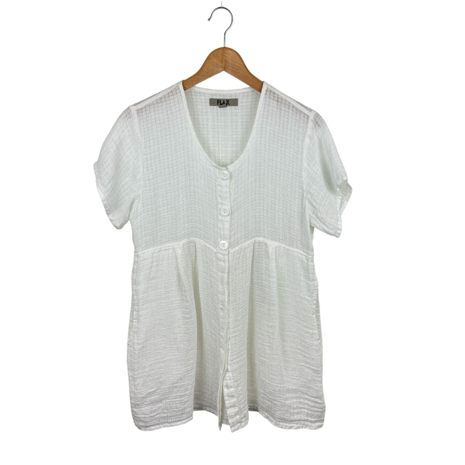FLAX White Linen Tunic Top S Pockets Button Front