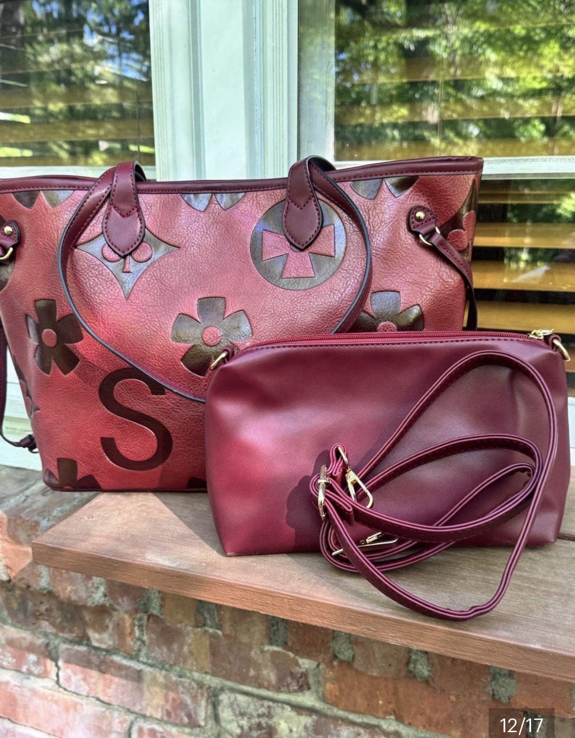 Red embossed floral vegan leather tote w/ CB Strap & Zip Pouch