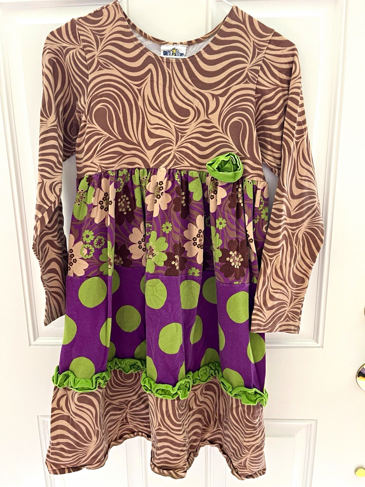 Corky’s Girls 10 Brown Purple Green Floral Knit Fit & Flare Knee Dress
