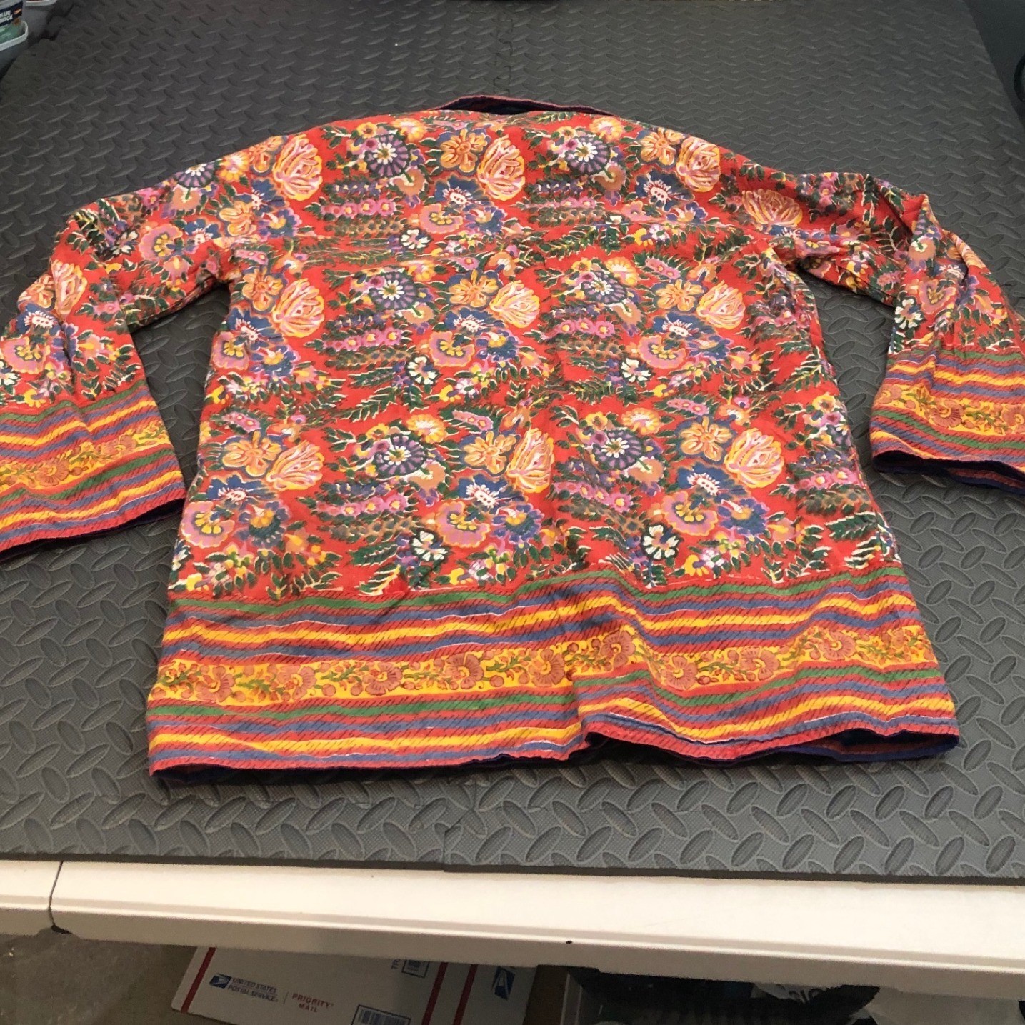 Samhillu Reversible Quilted Jacket Women Large Blue Red Floral Cotton India Boho