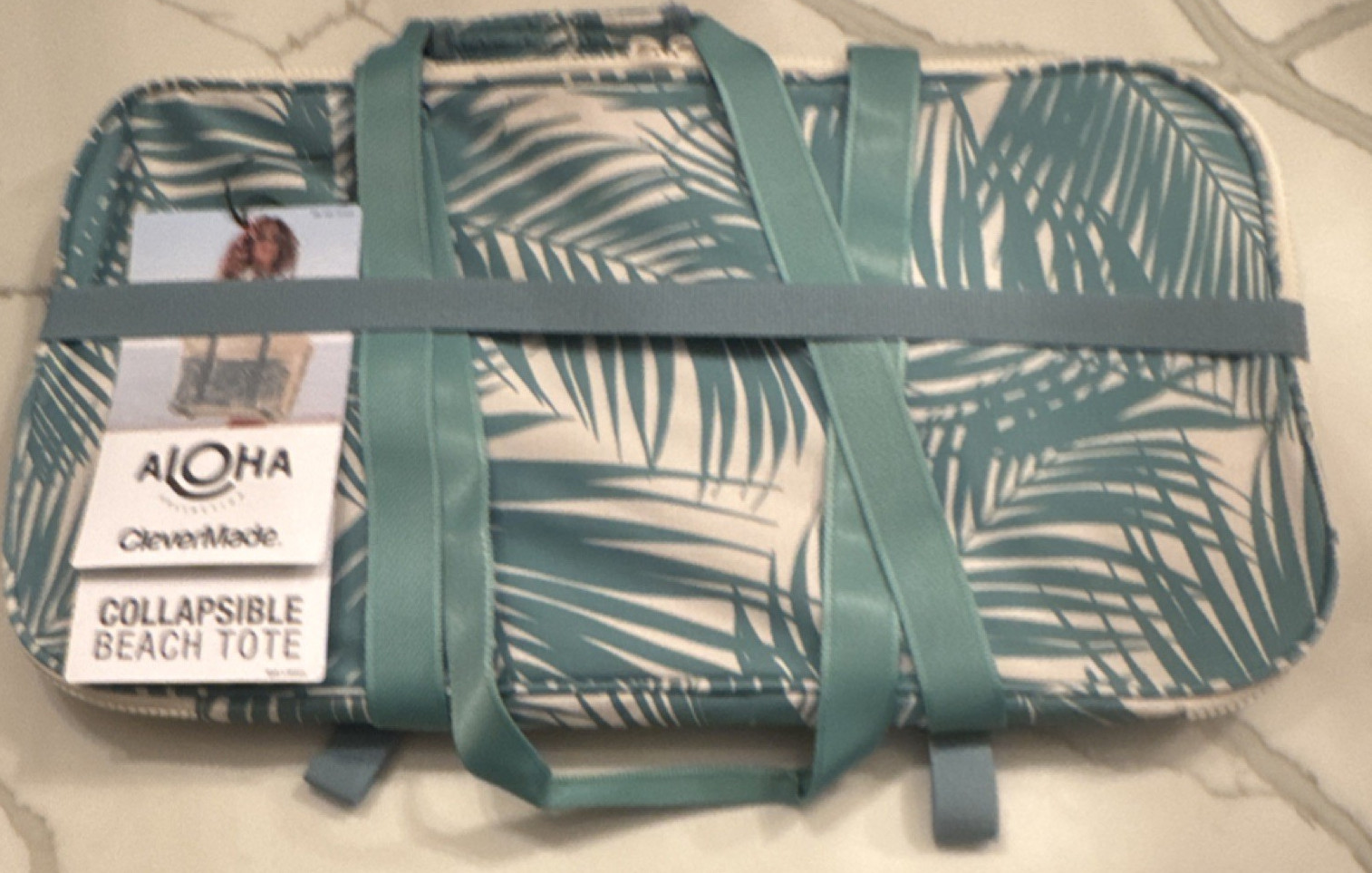 Aloha CleverMade Collapsible Beach Tote Teal Green White Palm Print Women