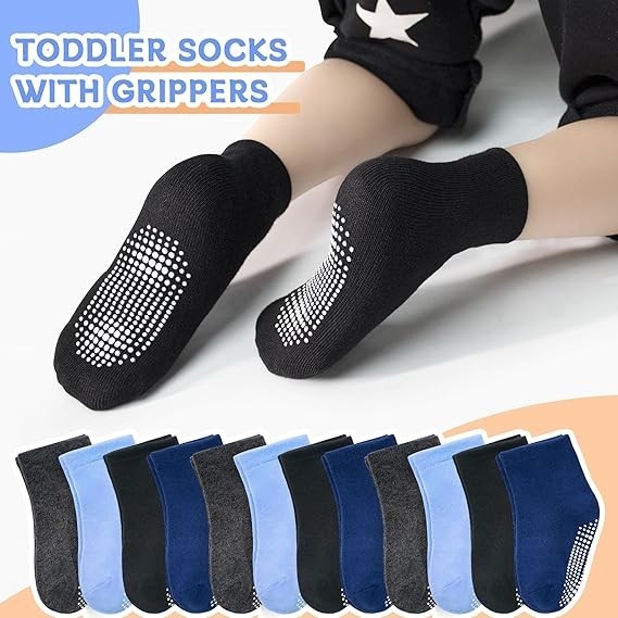 Toddler Boy Socks 12 Pairs Kids Grips Non Slip Skids for 1-7 Years Boys