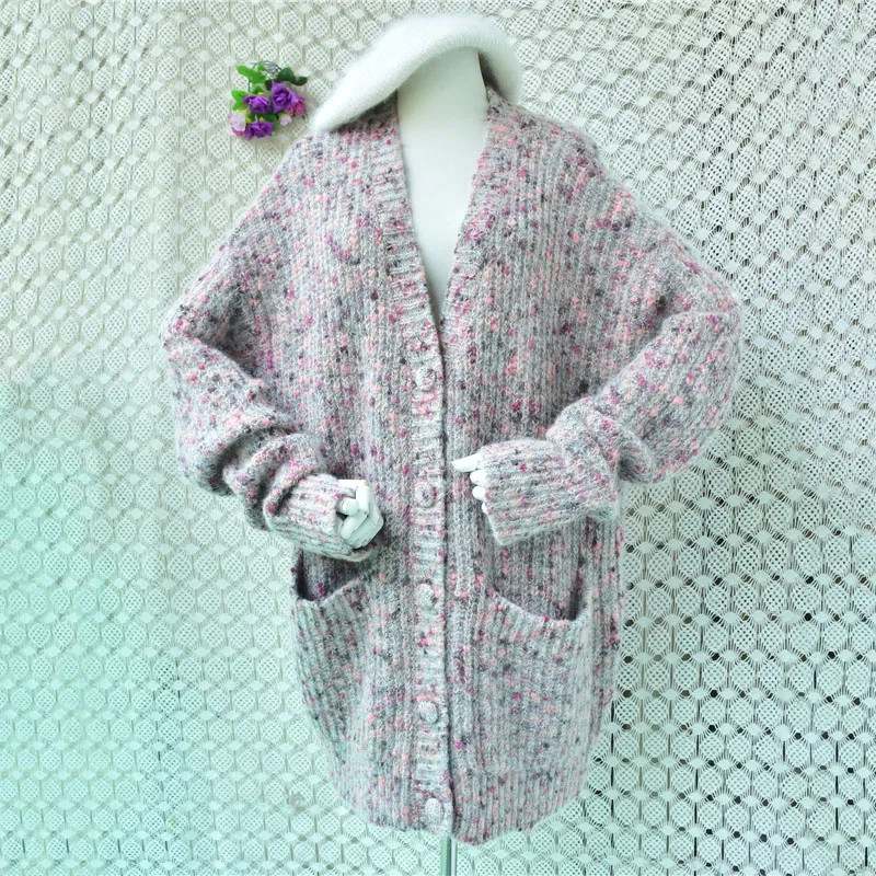 Women Fashion Soft Hairy Mohair Medium Long V-Neck Loose Cardigans Sweater Coat