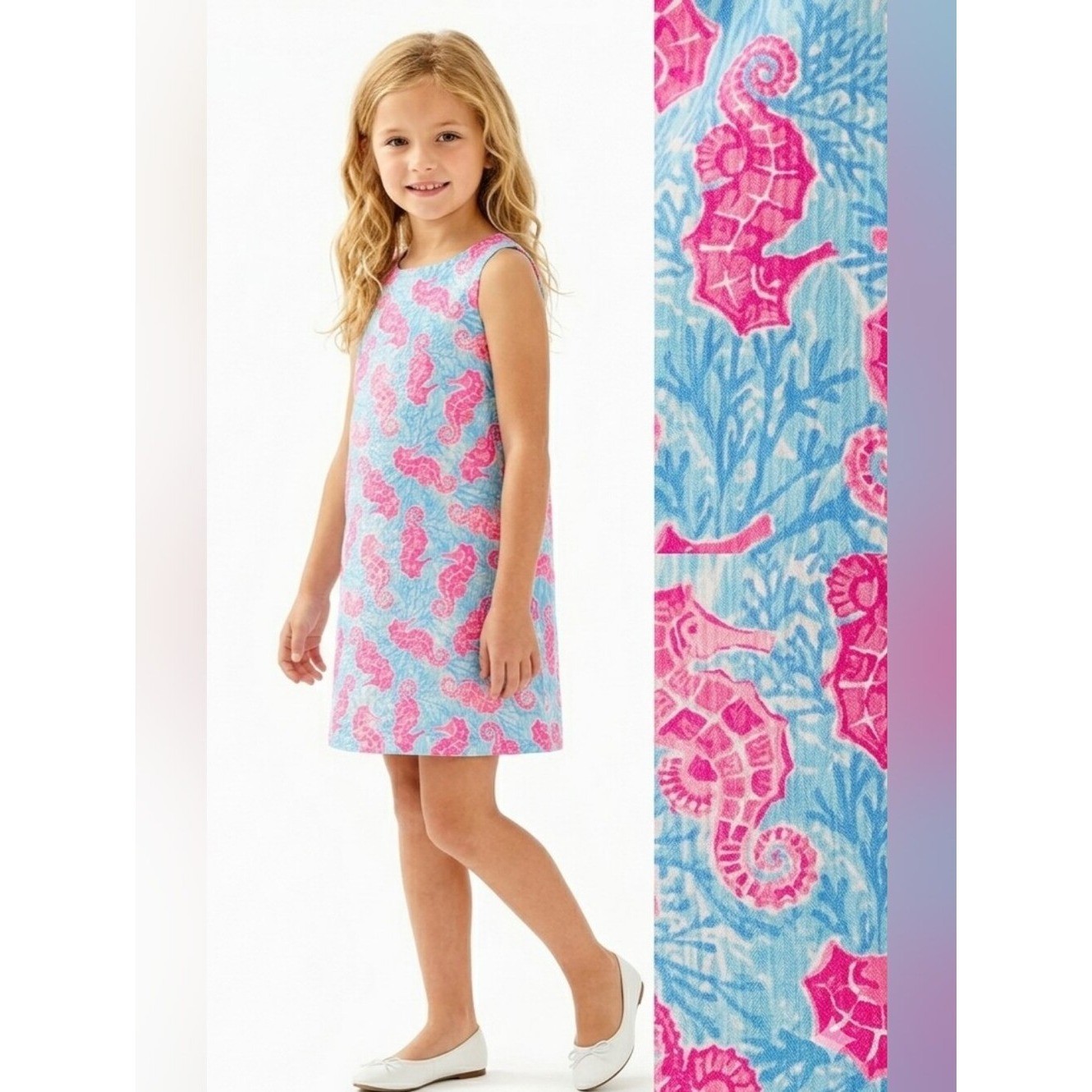 Tommy Bahama Girls Pink Seahorse Print Dress with Light Blue Background Size 7