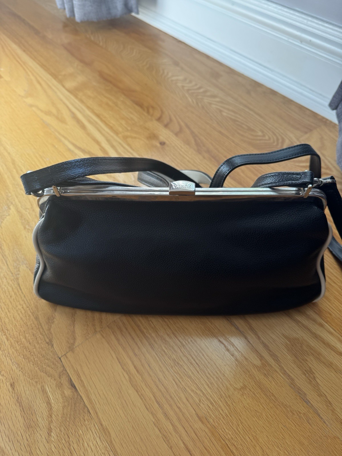 Furla Black/White Small Shoulder Bag Lock Frame Silver Hardware Strap Dust Bag