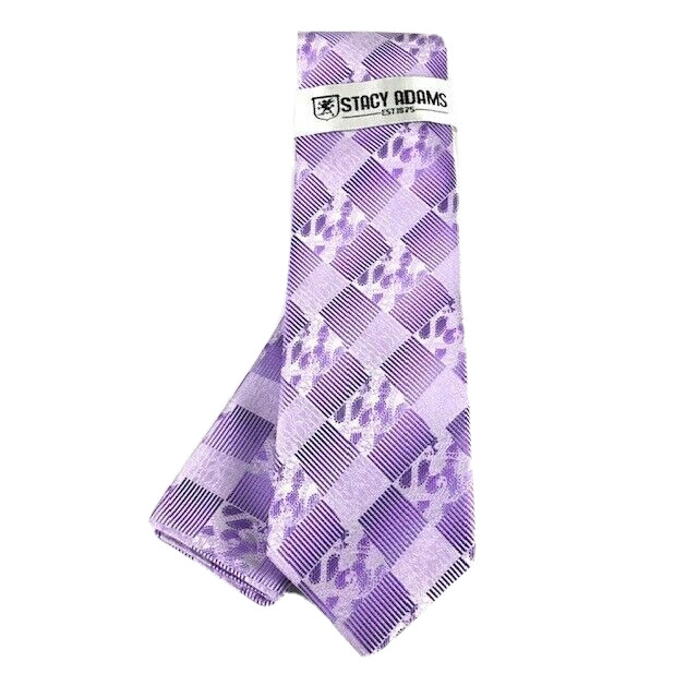 Stacy Adams Men’s Tie Hanky Set Purple Lavender Plaids Checks 3.25 Inches Wide