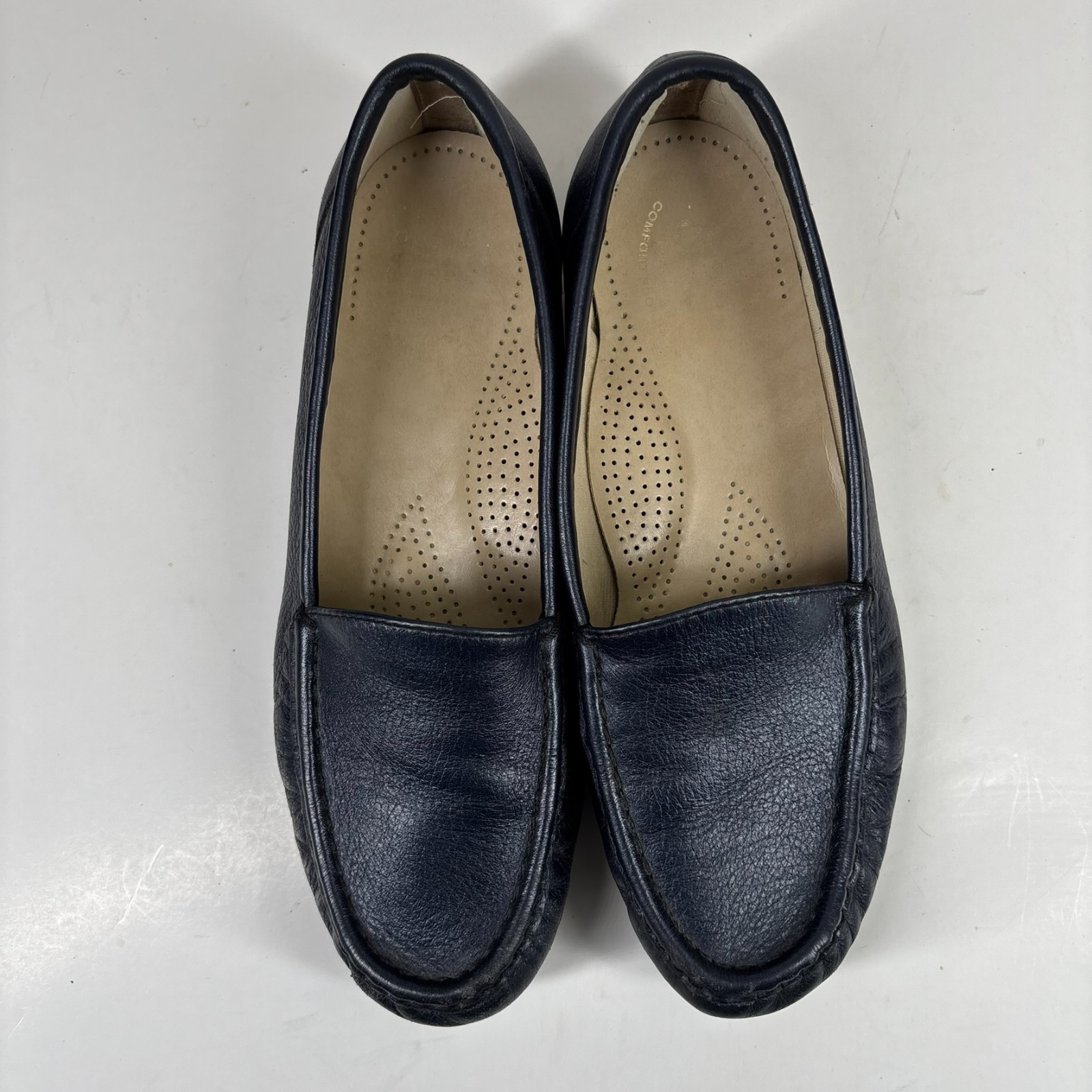 SAS Simplify Women’s US 7W Navy Leather Slip-On Comfort Walking Flats Loafers