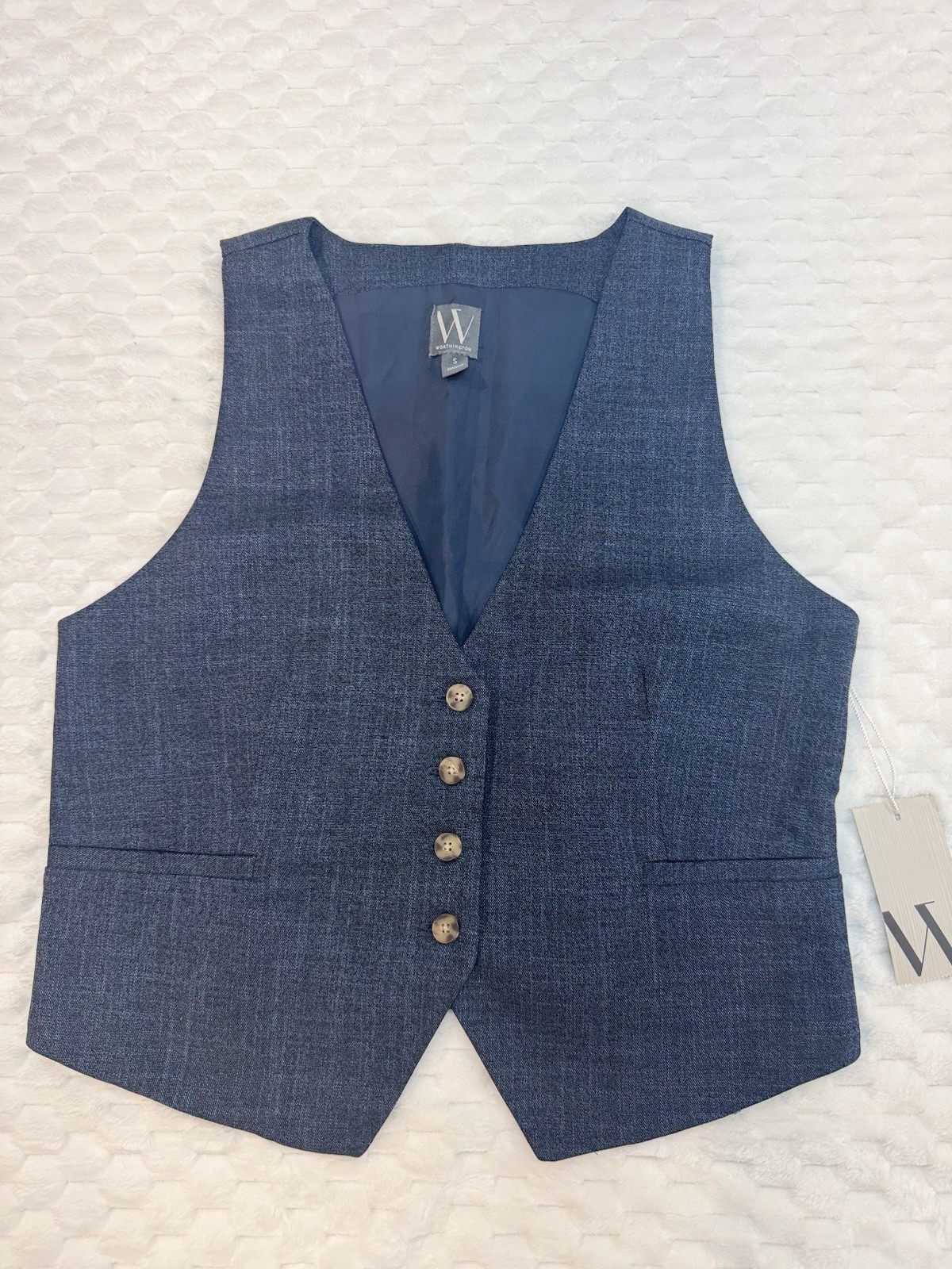 Women’s Blue Solid Formal Vest Waistcoat, Size S, 5-Button Back Adjuster