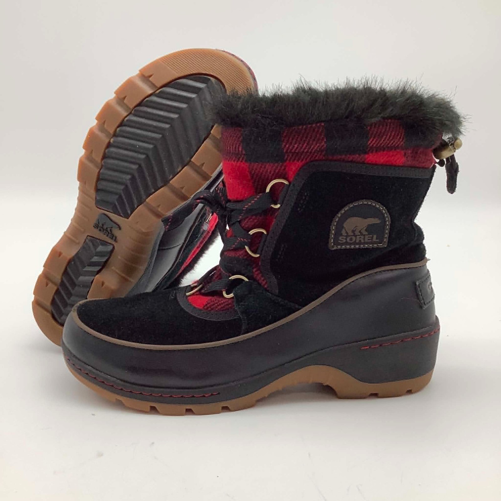 Sorel Tivoli III Boots Women 8.5 Black Red Buffalo Suede Faux Fur Waterproof