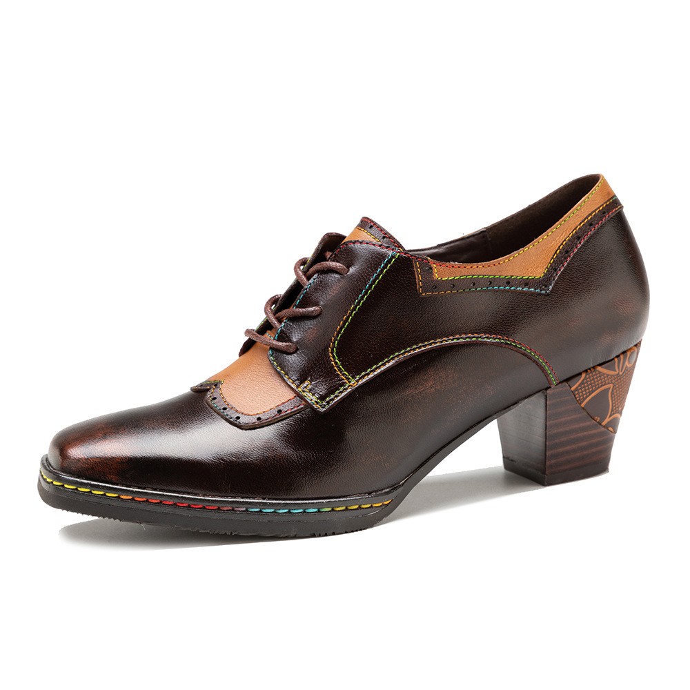 Vintage Spring Summer Ethnic Block Heels Women’s Real Leather Splicing Shoes