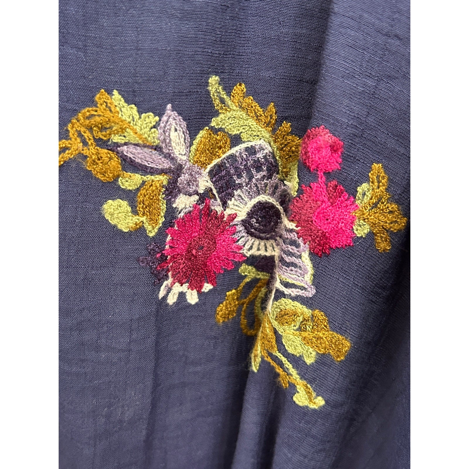 FIG & FLOWER Navy Blue Floral Embroidered Button Up Blouse Boho Top L