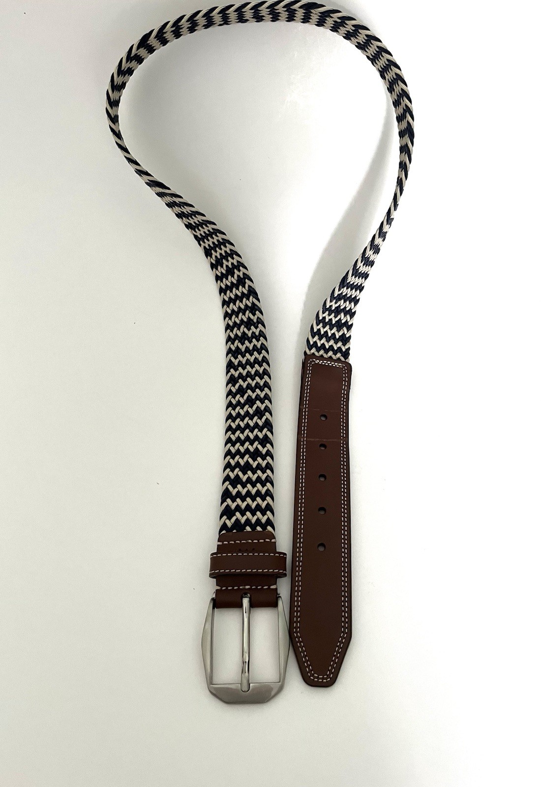 Martin Dingman Leather End Belt Beige Navy Tan Braided Woven Rope Size 34