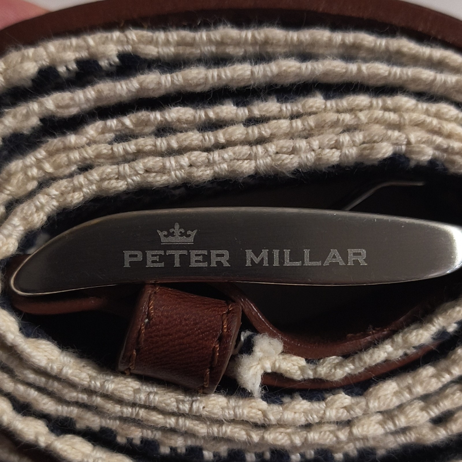 Peter Millar Men’s Belt Size 40 Brown Blue/White Geometric 1.5in Buckle Italy