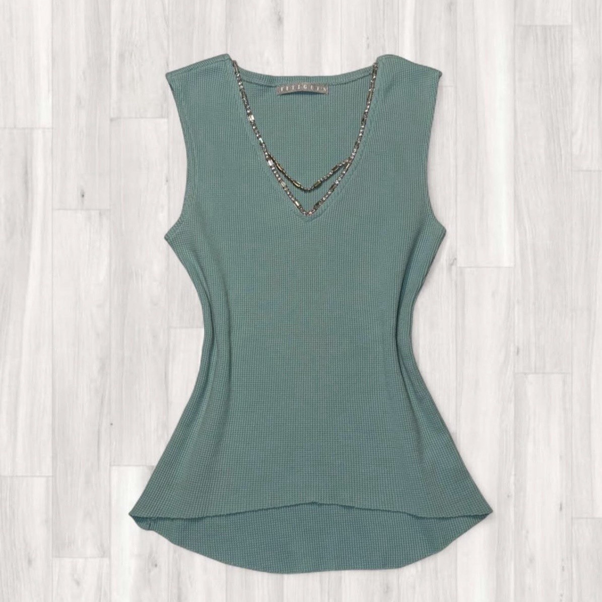 Fitigues Green Beaded V-Neck Waffle Knit Cotton Sleeveless Tank Top Women’s S