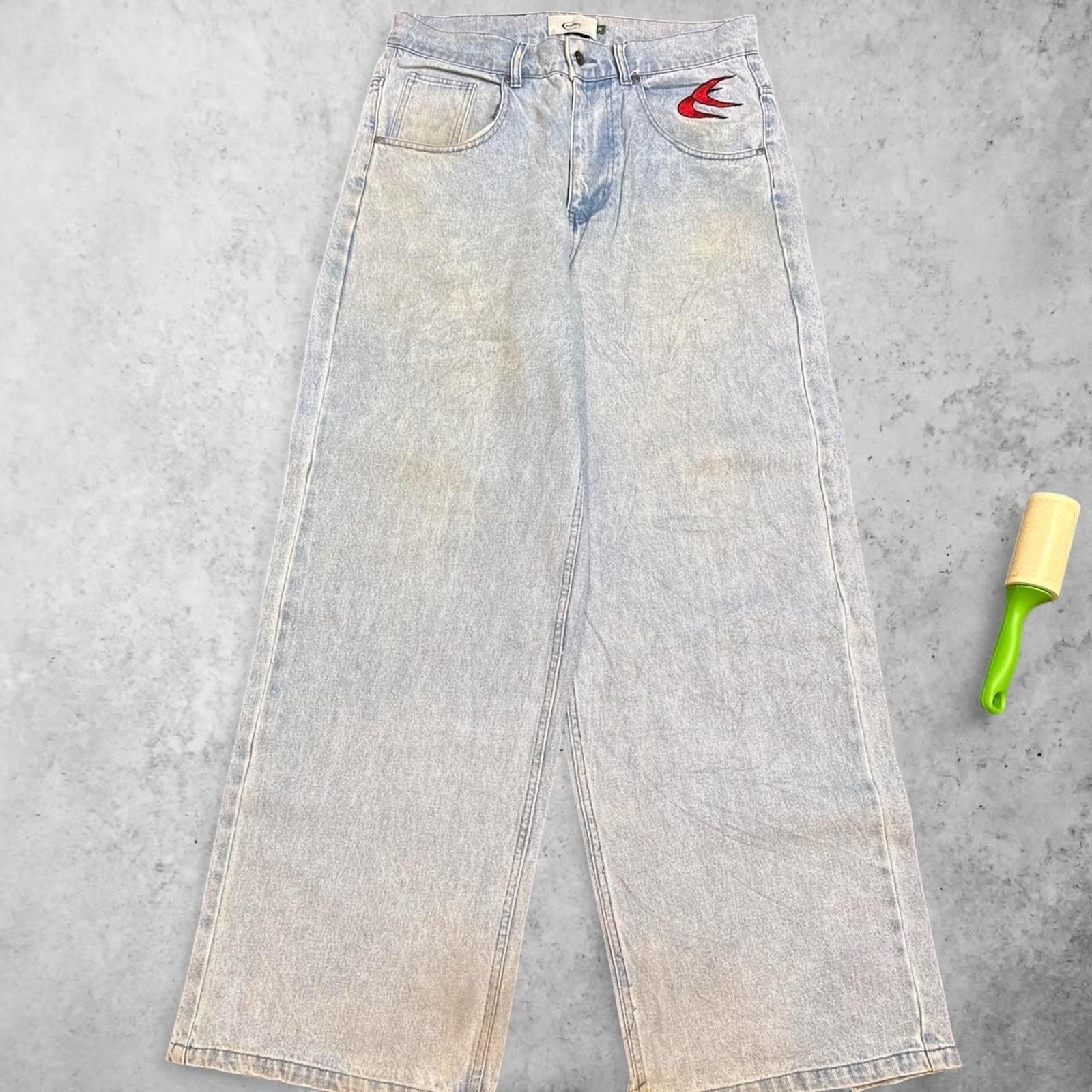 Y2K Scuffers Co Baggy Jeans Light Wash Red Swallow Embroidery 33×33
