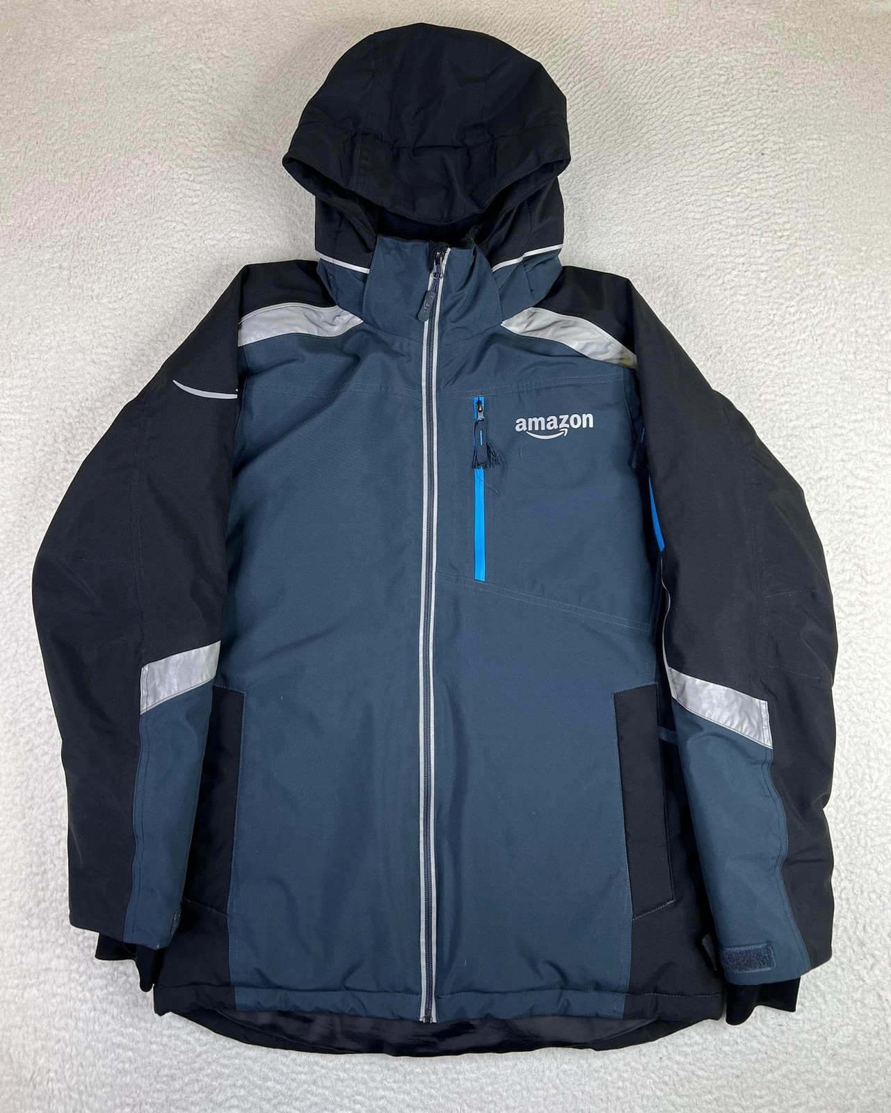 Amazon Jacket Mens XS Blue Hooded Full Zip Insulated Parka Reflective Logo