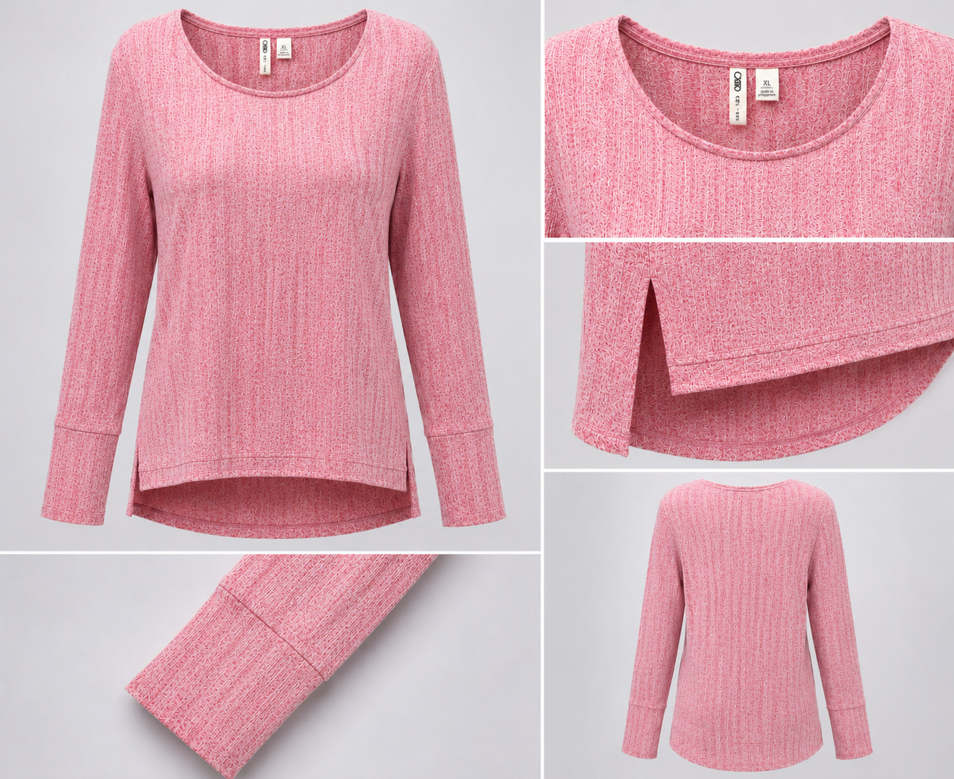 NWT Cato Pink Ribbed Round Neck Long Sleeve Shirt Lightweight w/Side Slits Women