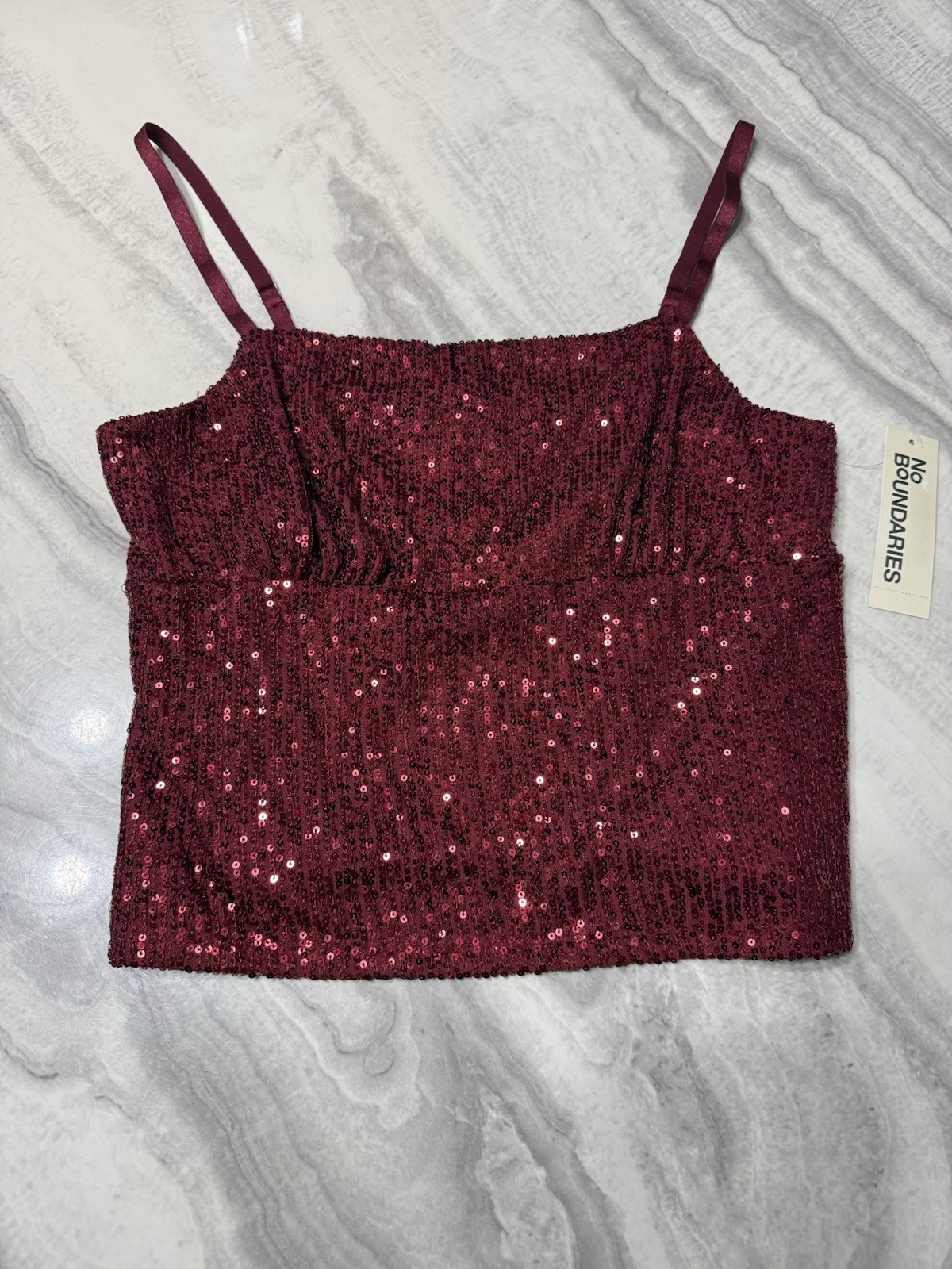 No Boundaries Burgundy Sequin Cropped Cami Square Neck Spaghetti Strap M