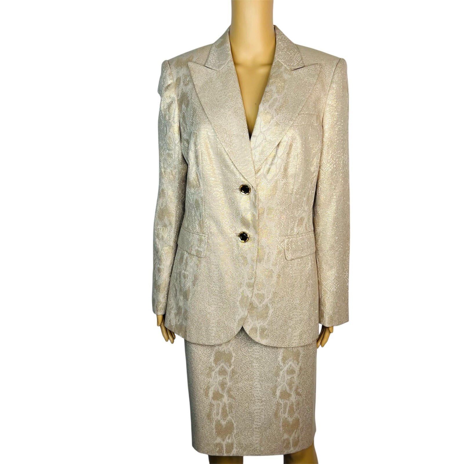 John Meyer Polyester Rayon Metallic Skirt Suit Size 10 Gold Floral Cocktail New