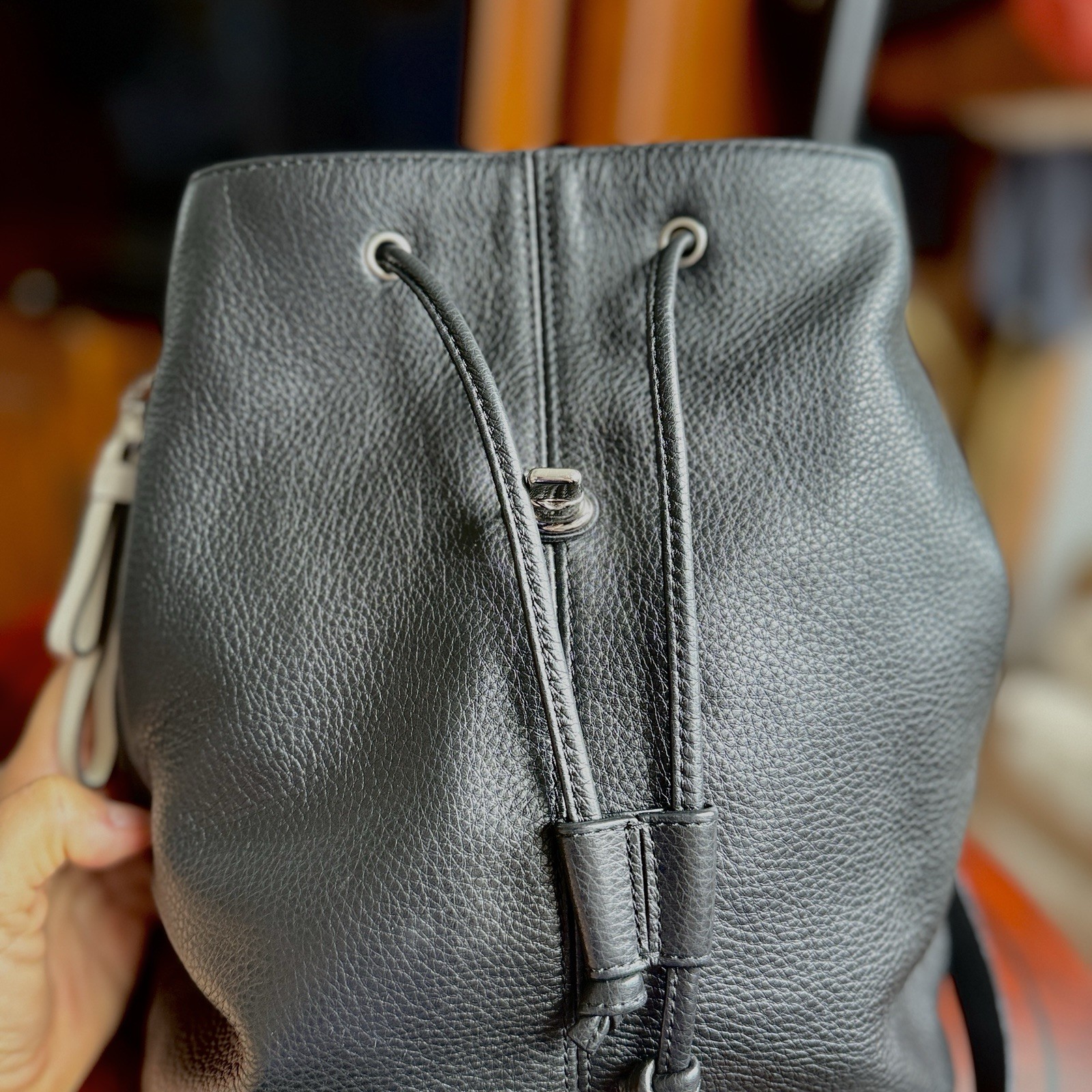 Coach F24385 Black Pebbled Leather Turnlock Drawstring Backpack
