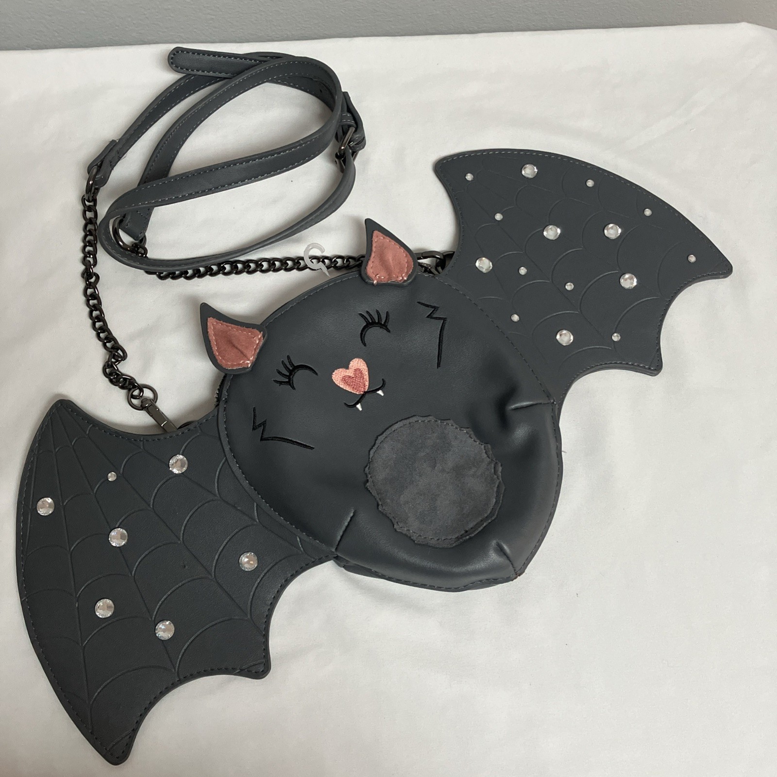 Betsey Johnson XO Bat Rhinestone Halloween Crossbody Bag Dark Gray EUC