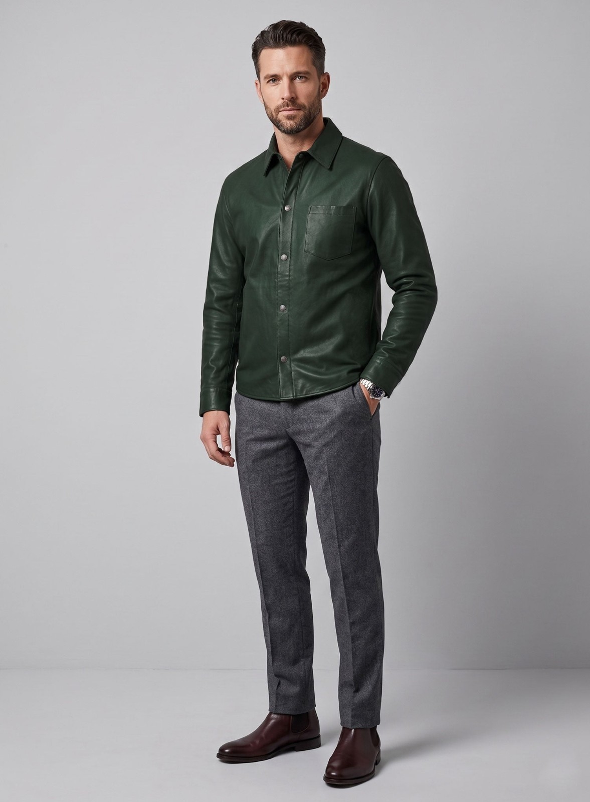 Men Olive Green Napa Leather Shirt Jacket Casual Shacket Slim Fit Overshirt New