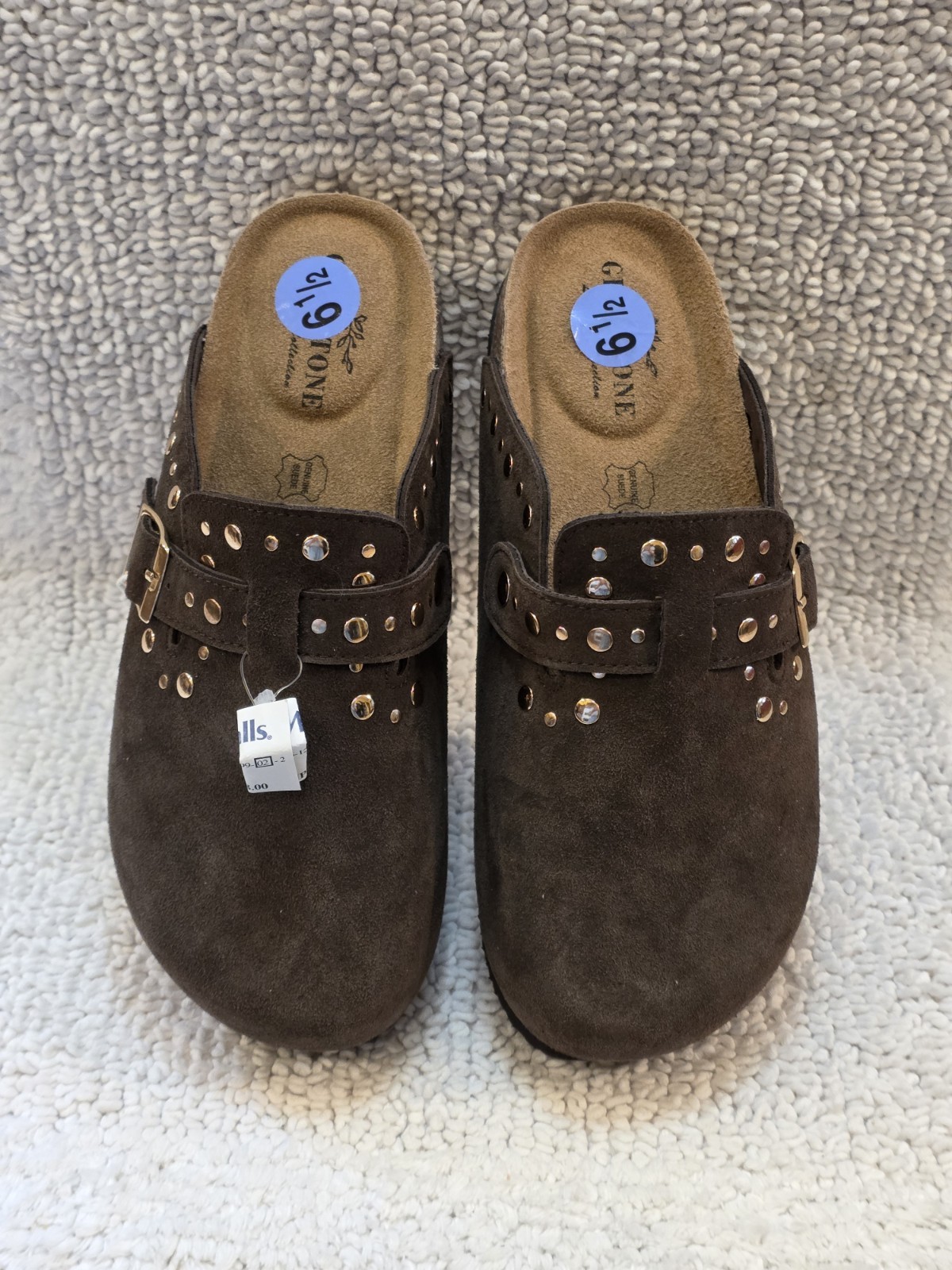 Greystone Brown Genuine Suede Womens6.5 Gold Rivet Studded Sandals SlipOn Clogs