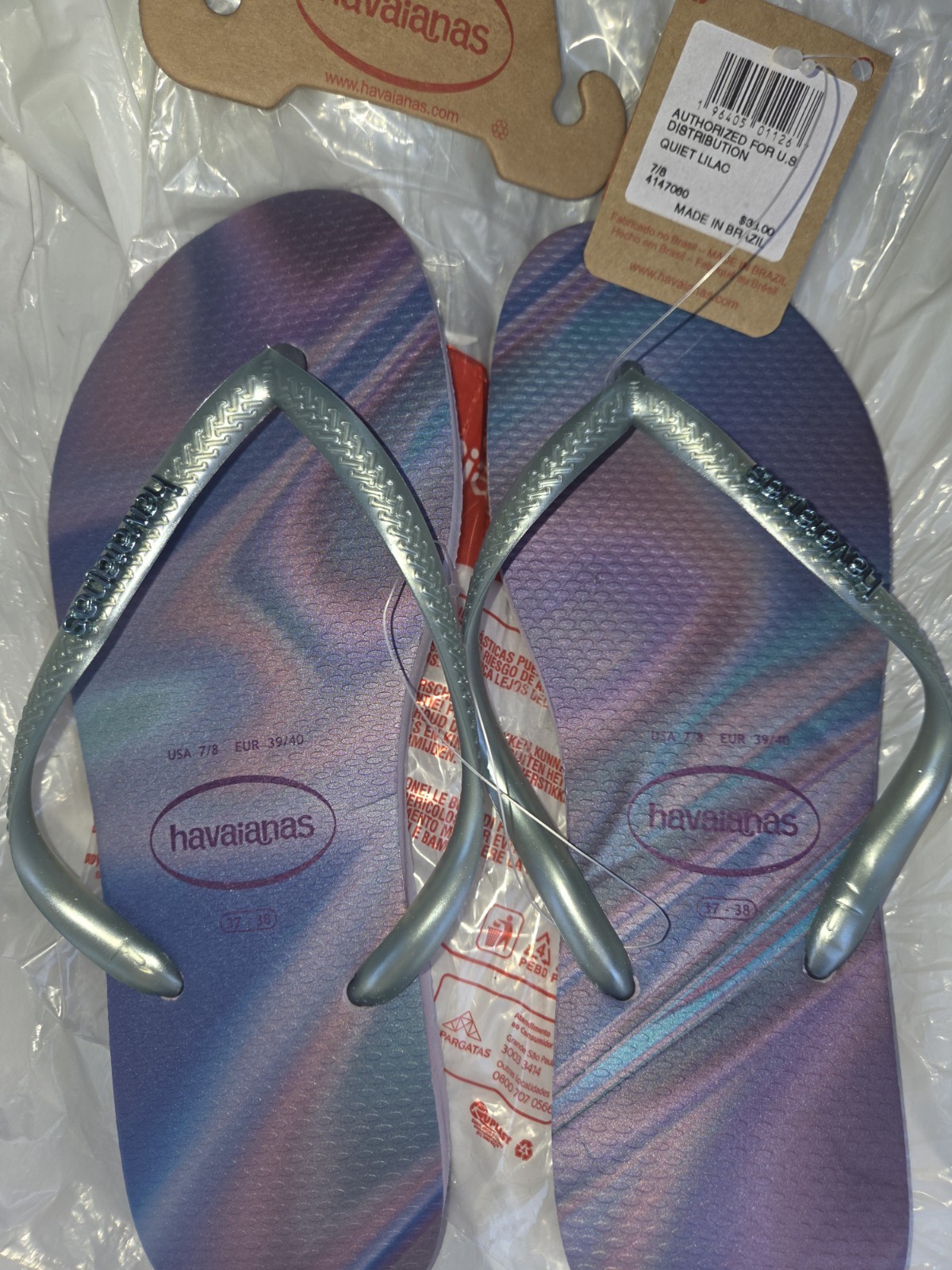 Havaianas Brazilian Iridescent Slim Flip Flops Womens Sandals Sz 8 Eur 39/40